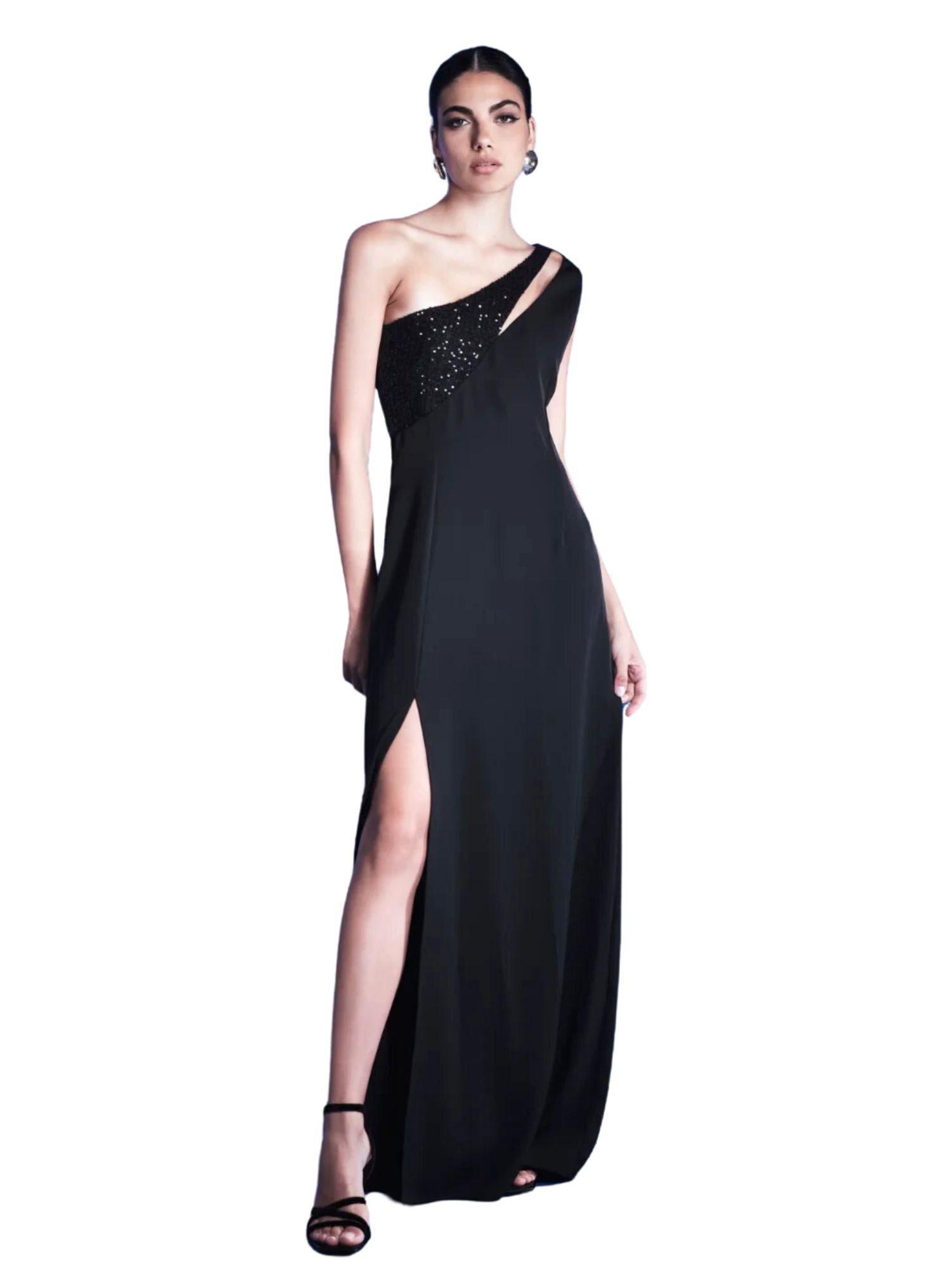 Abito Lungo Elegante con Inserti Paillettes / Nero - Ideal Moda