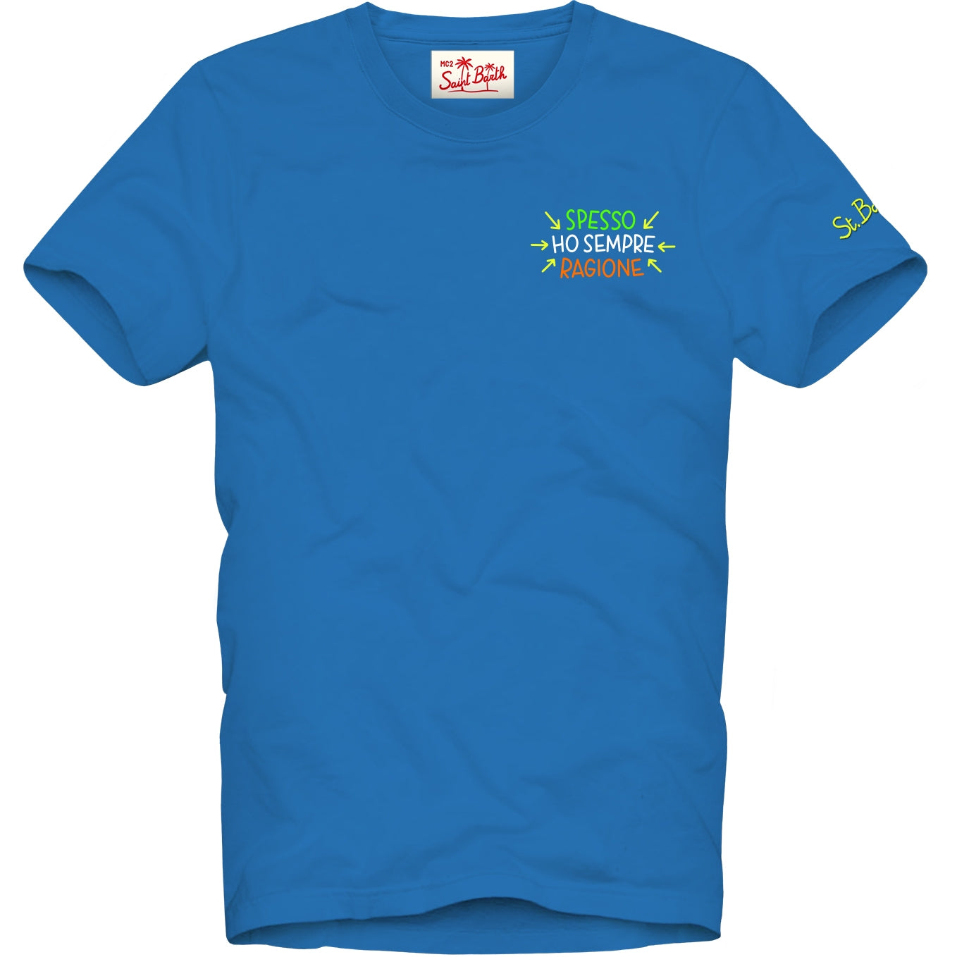 T-shirt blu mezza manica con logo verde fluo | Pellizzari