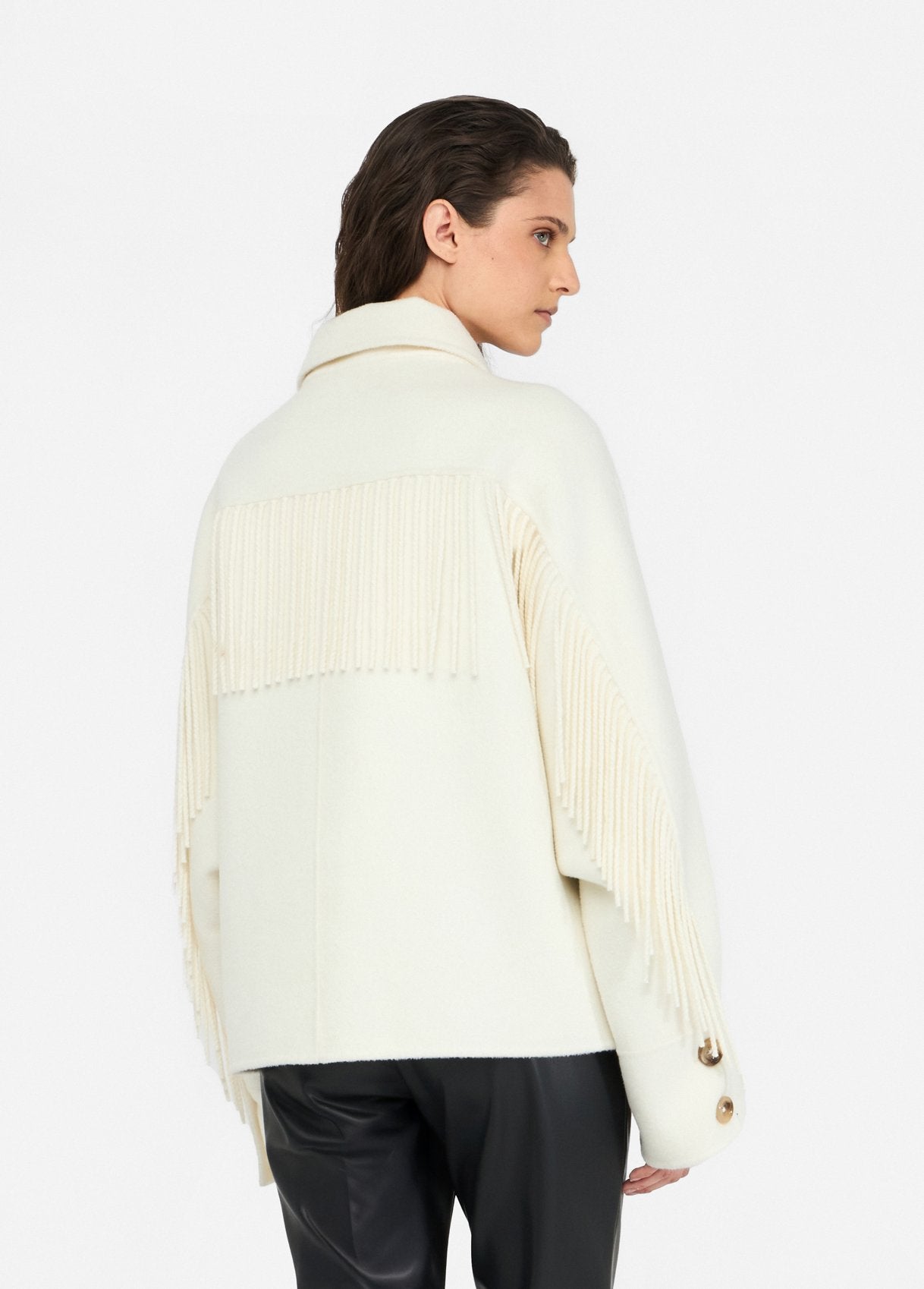 Caban in Lana con Frange / Avorio - Ideal Moda