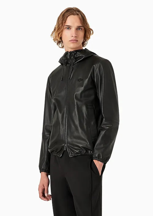 Giubbino in Pelle con Zip e Cappuccio / Nero - Ideal Moda