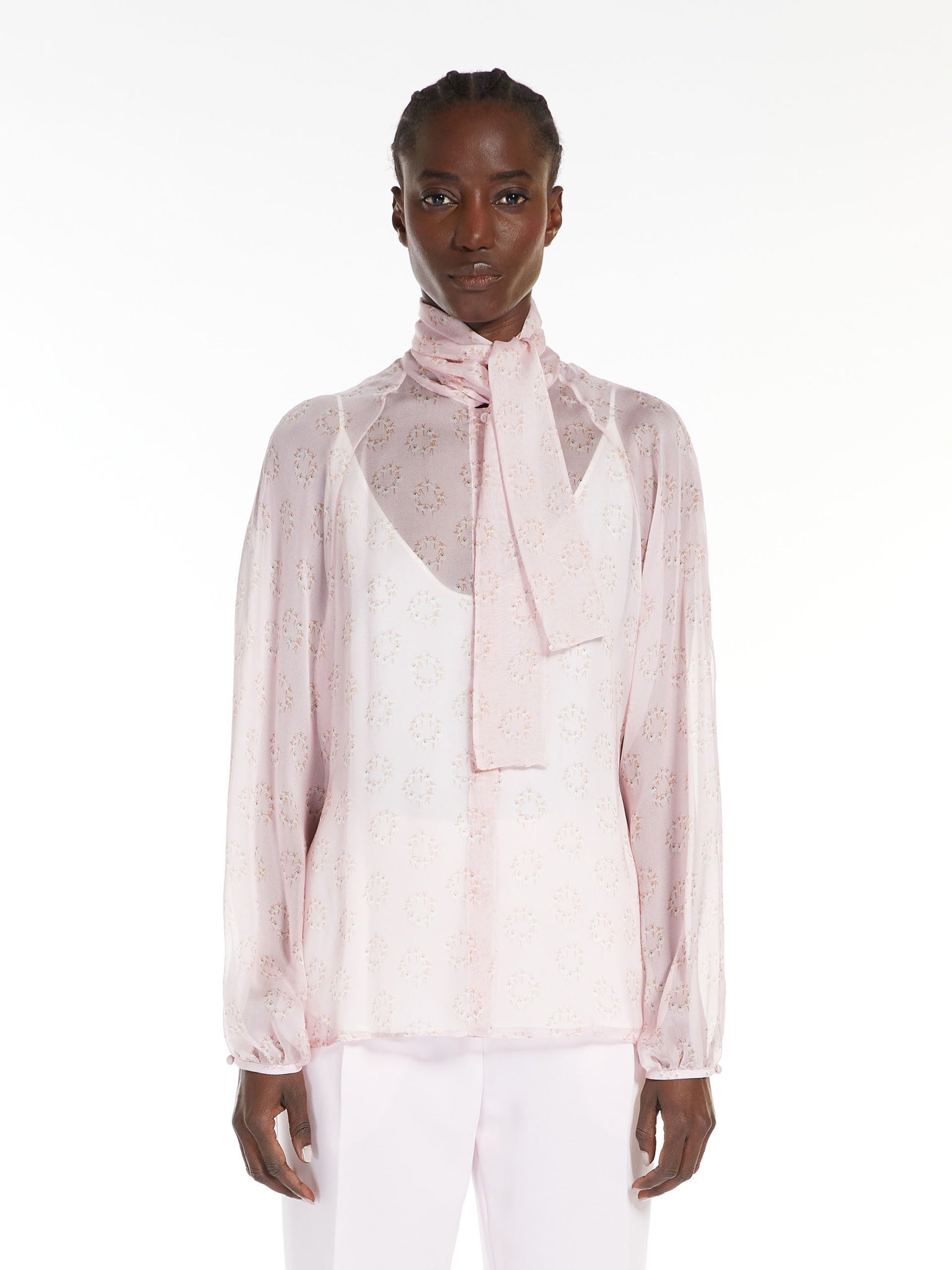 Blusa con Fiocco in Seta Stampata Rosa