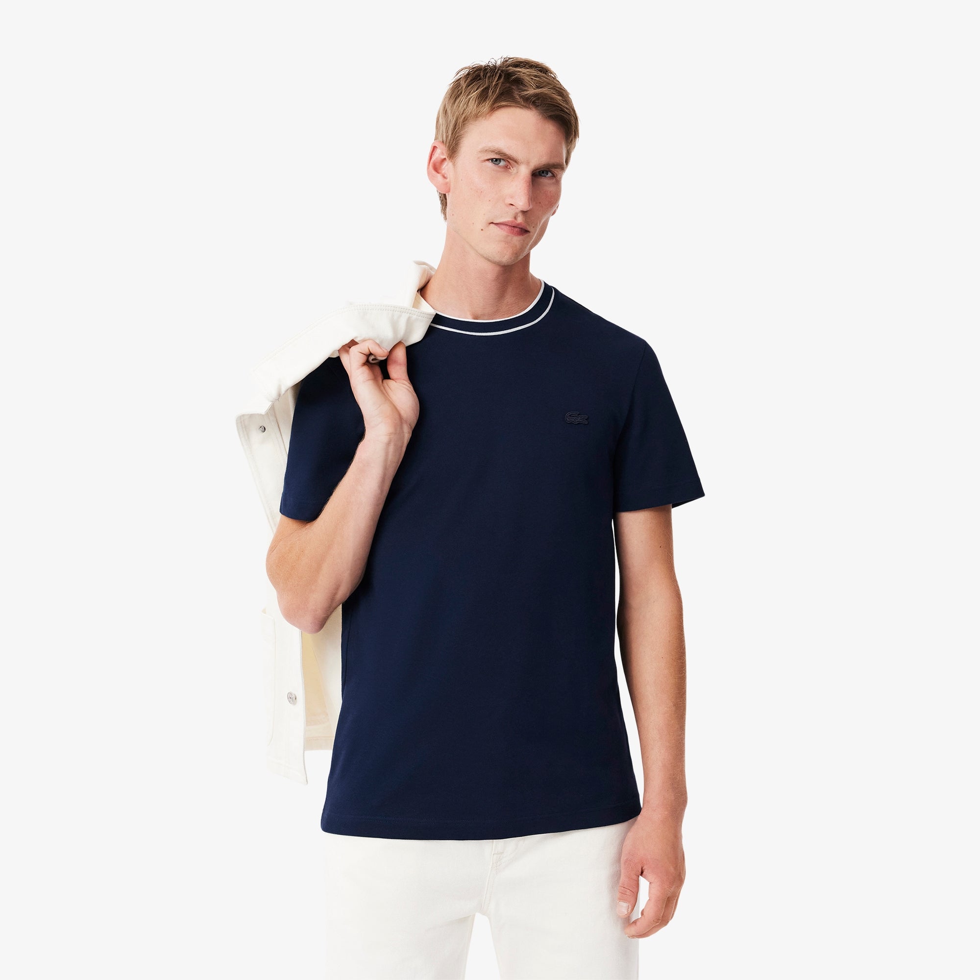 T-Shirt in Piquet Elasticizzato con Contrasto / Blu - Ideal Moda