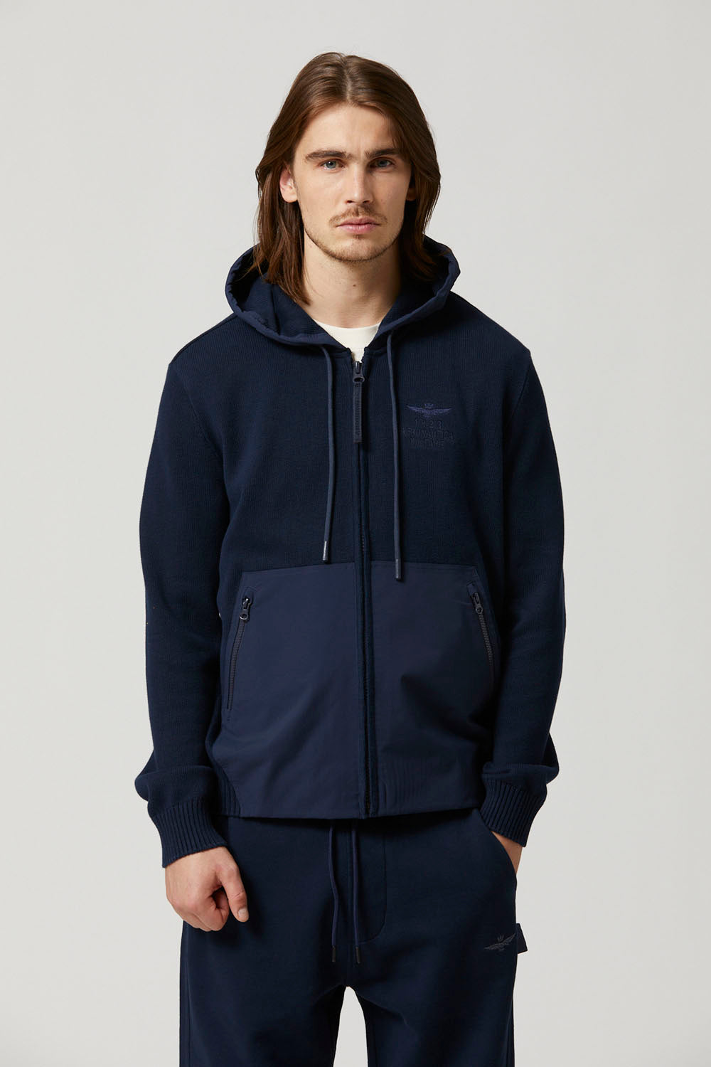 Maglia Full Zip con Cappuccio / Blu - Ideal Moda