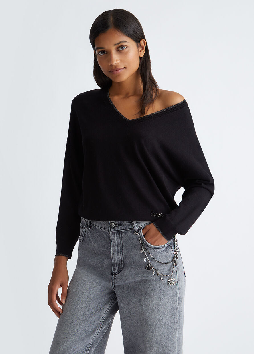 Maglia con Scollo a V Ampio / Nero - Ideal Moda