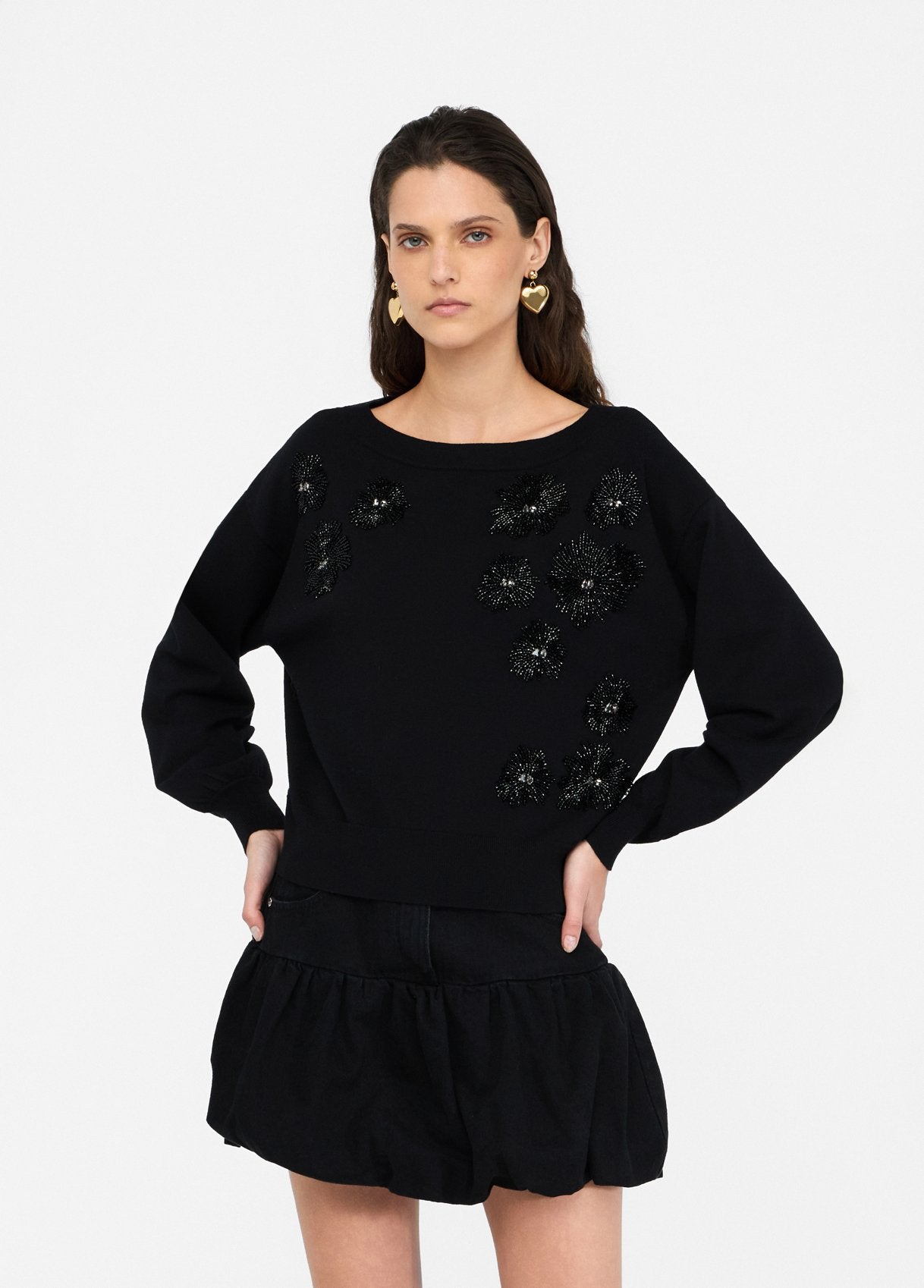 Maglia con Strass e Scollo a Barca / Nero