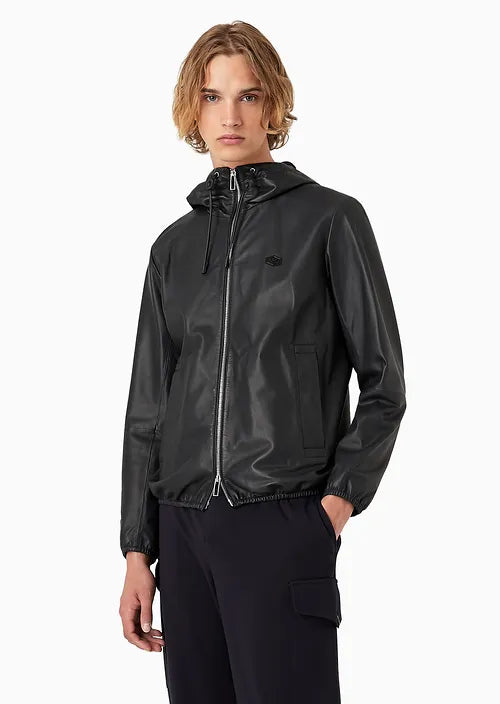 Giubbino in Pelle con Zip e Cappuccio / Blu - Ideal Moda