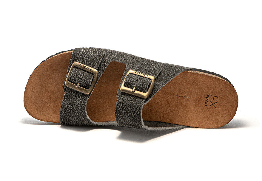 Ciabatta doppia fascia in pelle stampata / Nero - Ideal Moda