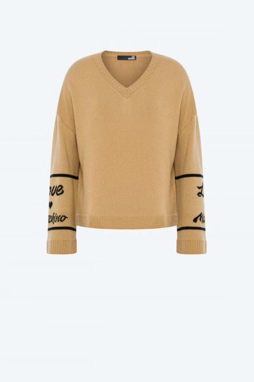 Maglia con Scollo a V / Beige - Ideal Moda