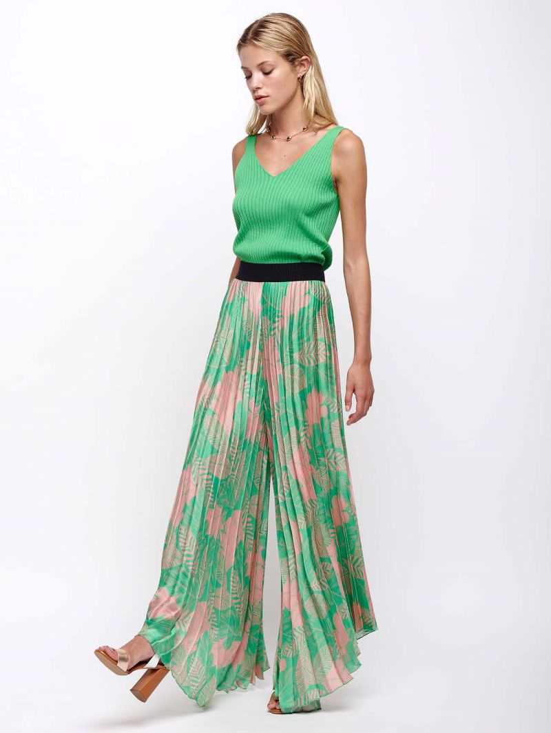 Pantaloni Plissé con Fantasia Verde / Verde - Ideal Moda