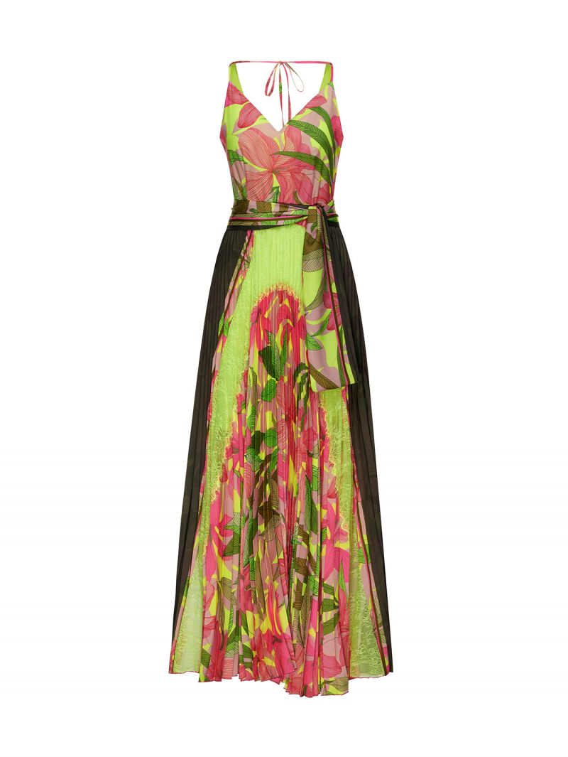 Abito Lungo Plissé con Stampa Tropical Fluo / Rosa - Ideal Moda