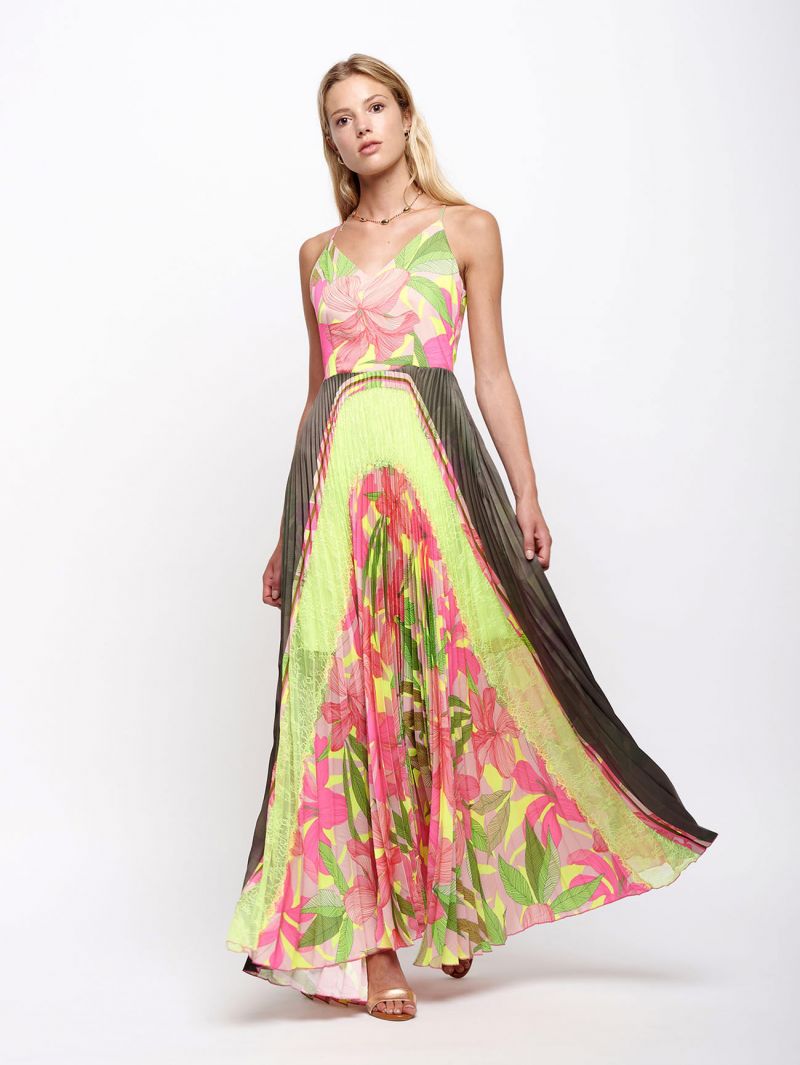 Abito Lungo Plissé con Stampa Tropical Fluo / Rosa - Ideal Moda