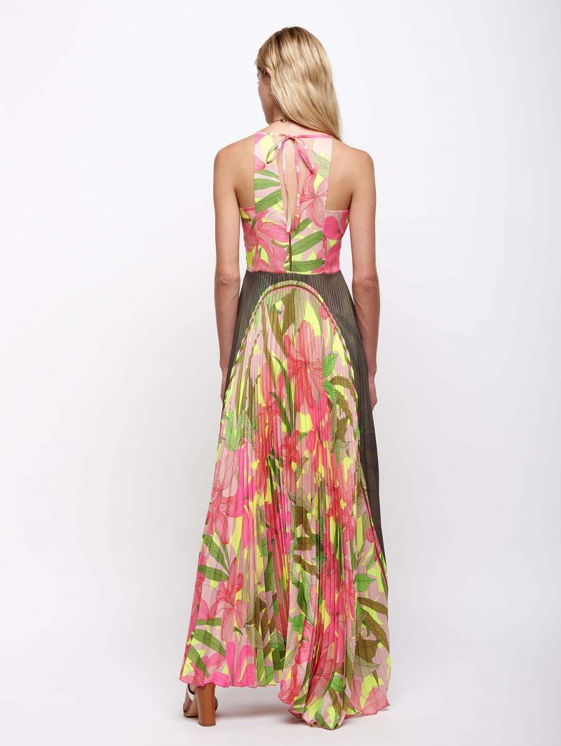 Abito Lungo Plissé con Stampa Tropical Fluo / Rosa - Ideal Moda