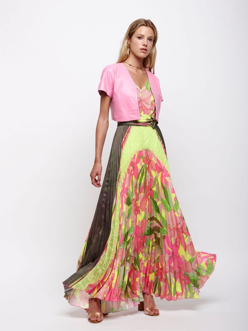 Abito Lungo Plissé con Stampa Tropical Fluo / Rosa - Ideal Moda