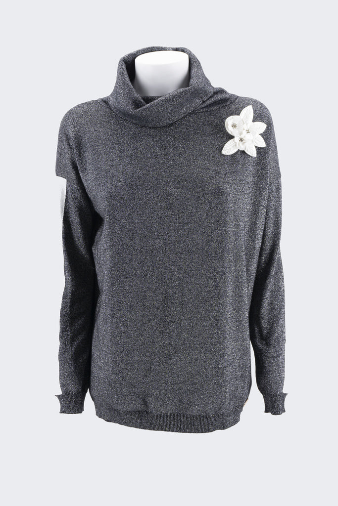 Maglia Collo Alto con Applicazione / Nero - Ideal Moda