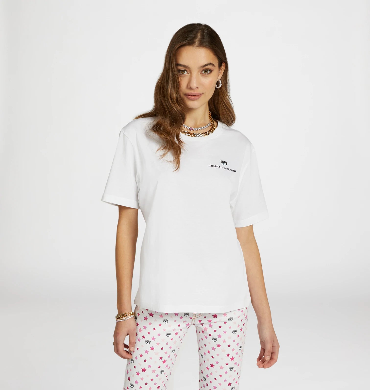 T-Shirt Chiara Ferragni con Logo Ricamato / Bianco - Ideal Moda