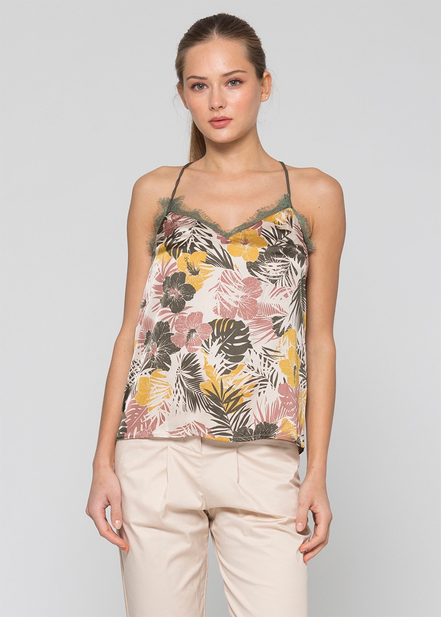 Top in raso fantasia con inserti in pizzo / Multicolor - Ideal Moda