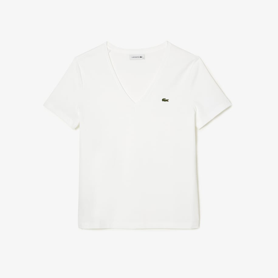 T-Shirt da Donna con Scollo a V Lacoste / Bianco - Ideal Moda