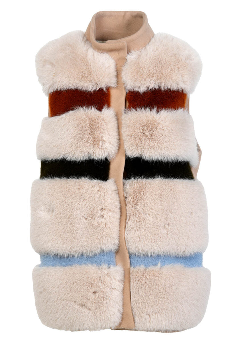 Gilet con Inserti in Ecopelliccia / Beige - Ideal Moda