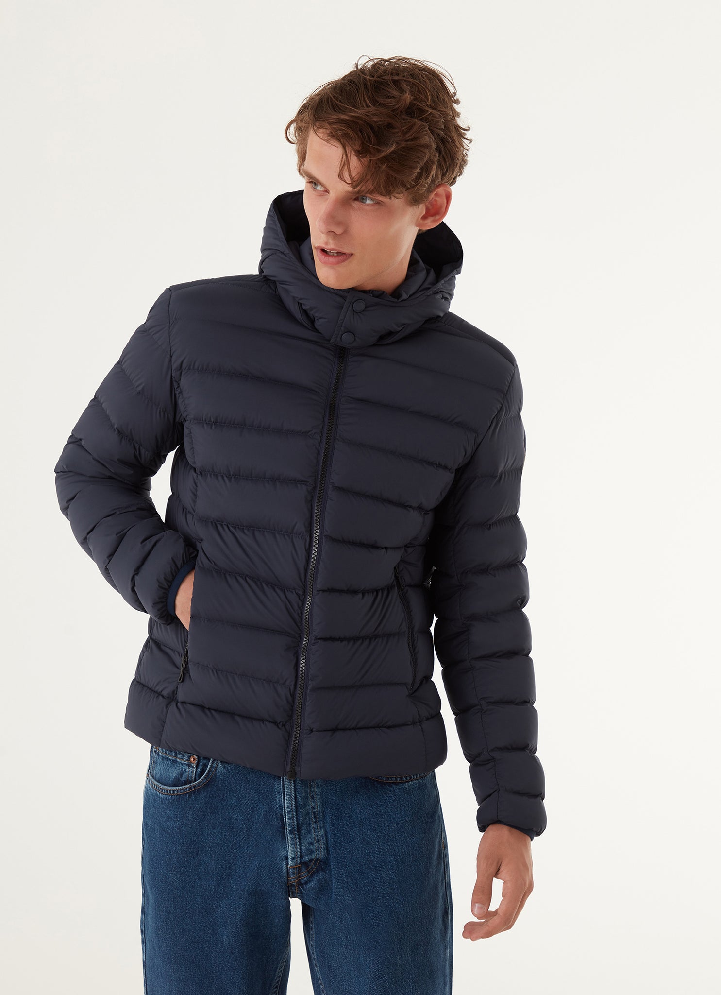 Piumino Stretch Cappuccio Staccabile / Blu - Ideal Moda