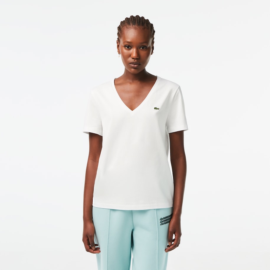 T-Shirt da Donna con Scollo a V Lacoste / Bianco - Ideal Moda