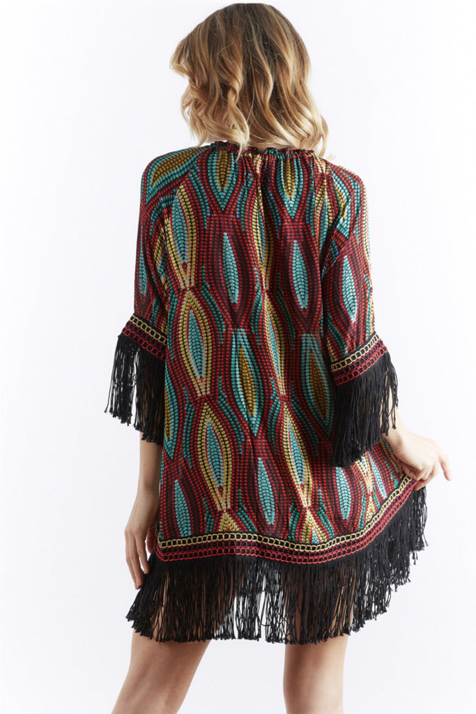 Caftano Stampa Kenia in Viscosa a Coste / Multicolor - Ideal Moda