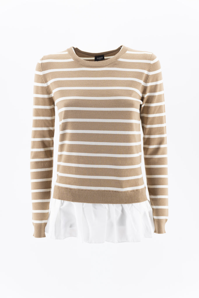 Maglia Girocollo a Righe / Beige - Ideal Moda