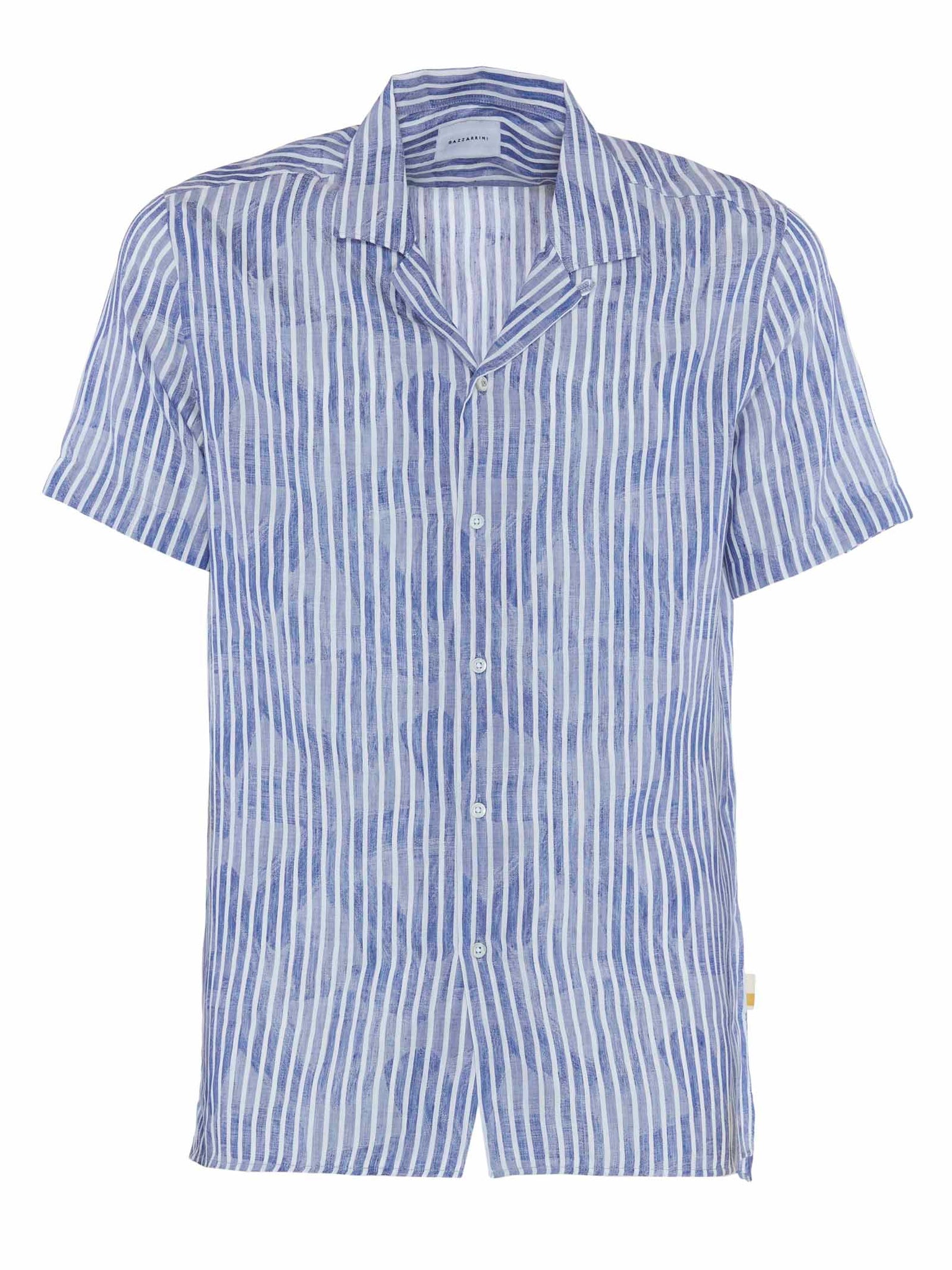 Camicia azzurra a maniche corte in lino e cotone con righe e motivo all over / Blu - Ideal Moda