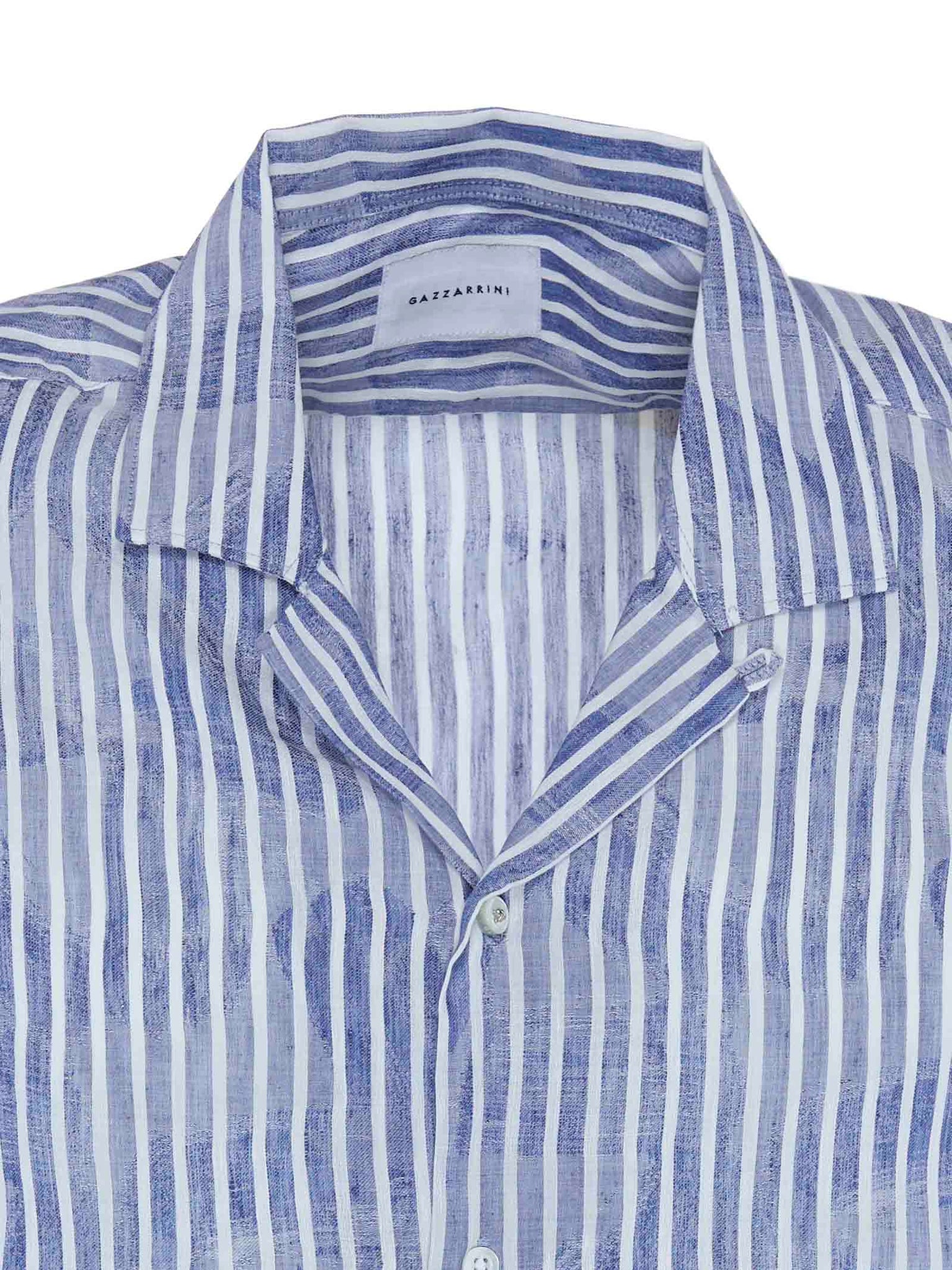 Camicia azzurra a maniche corte in lino e cotone con righe e motivo all over / Blu - Ideal Moda