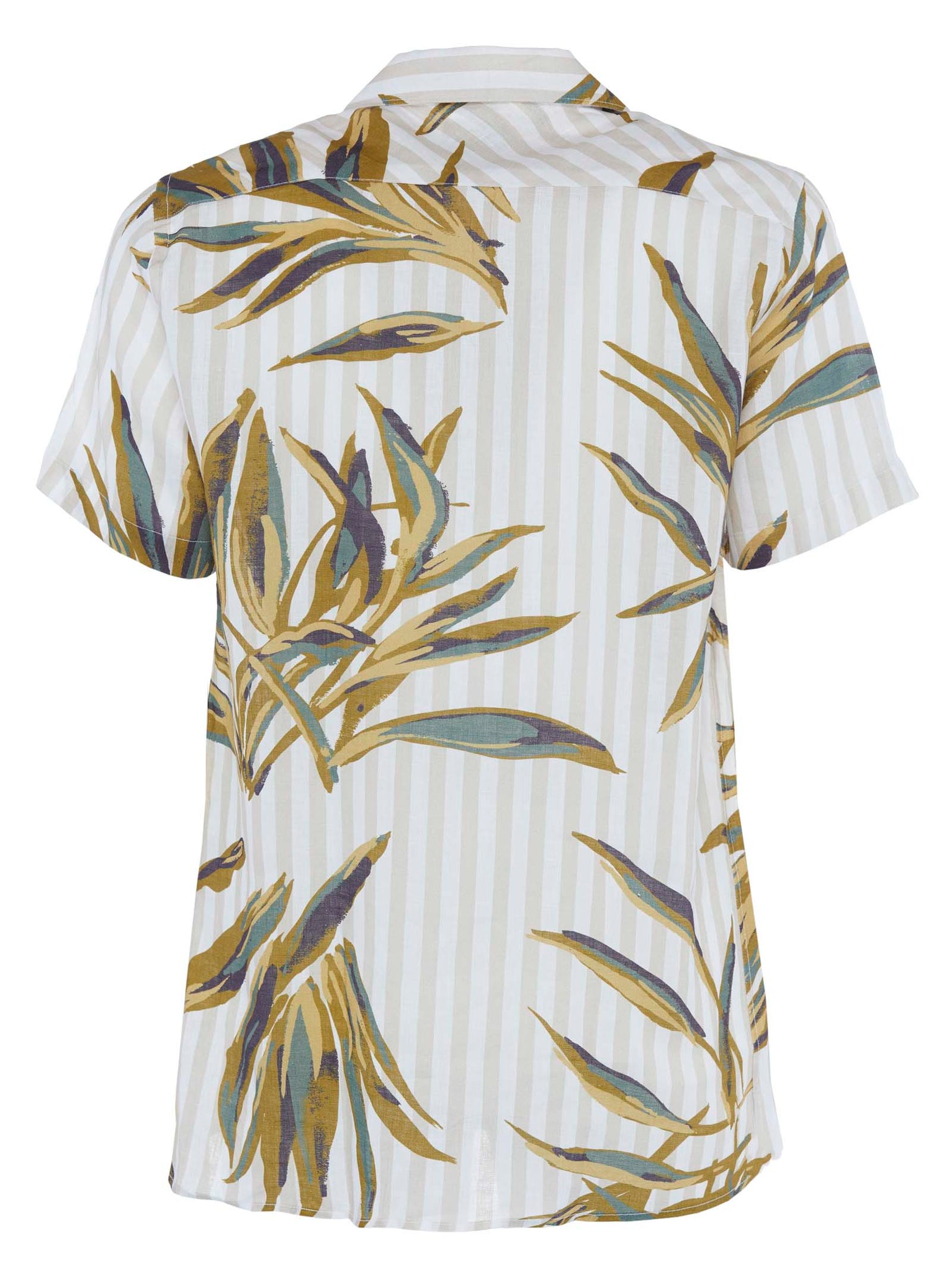 Camicia beige a maniche corte in lino con righe e stampe all over / Multicolor - Ideal Moda