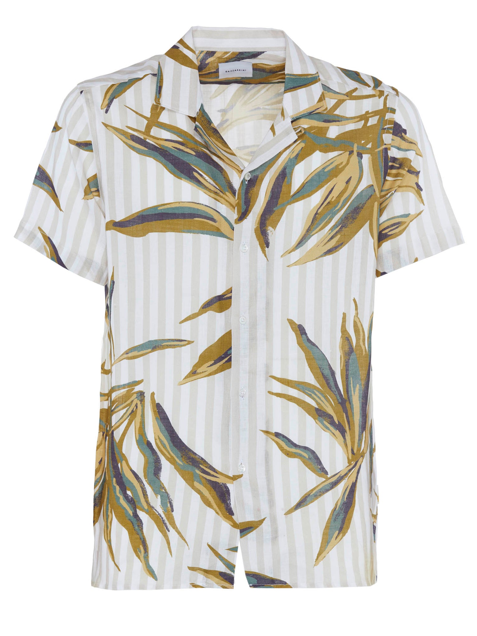 Camicia beige a maniche corte in lino con righe e stampe all over / Multicolor - Ideal Moda