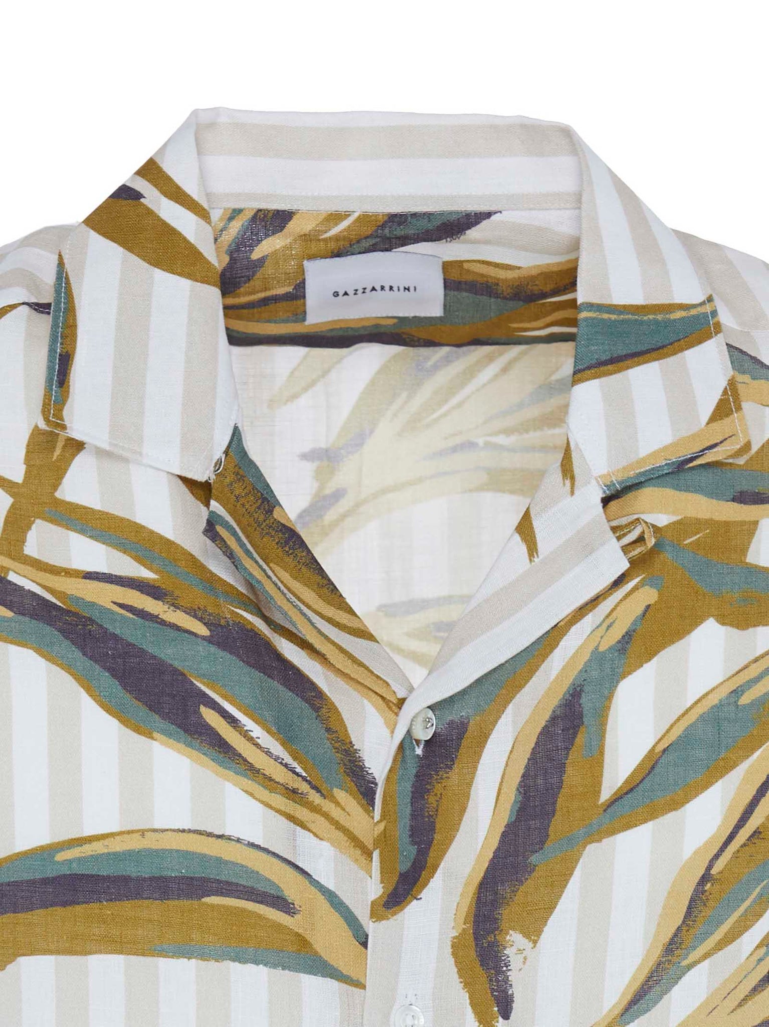 Camicia beige a maniche corte in lino con righe e stampe all over / Multicolor - Ideal Moda