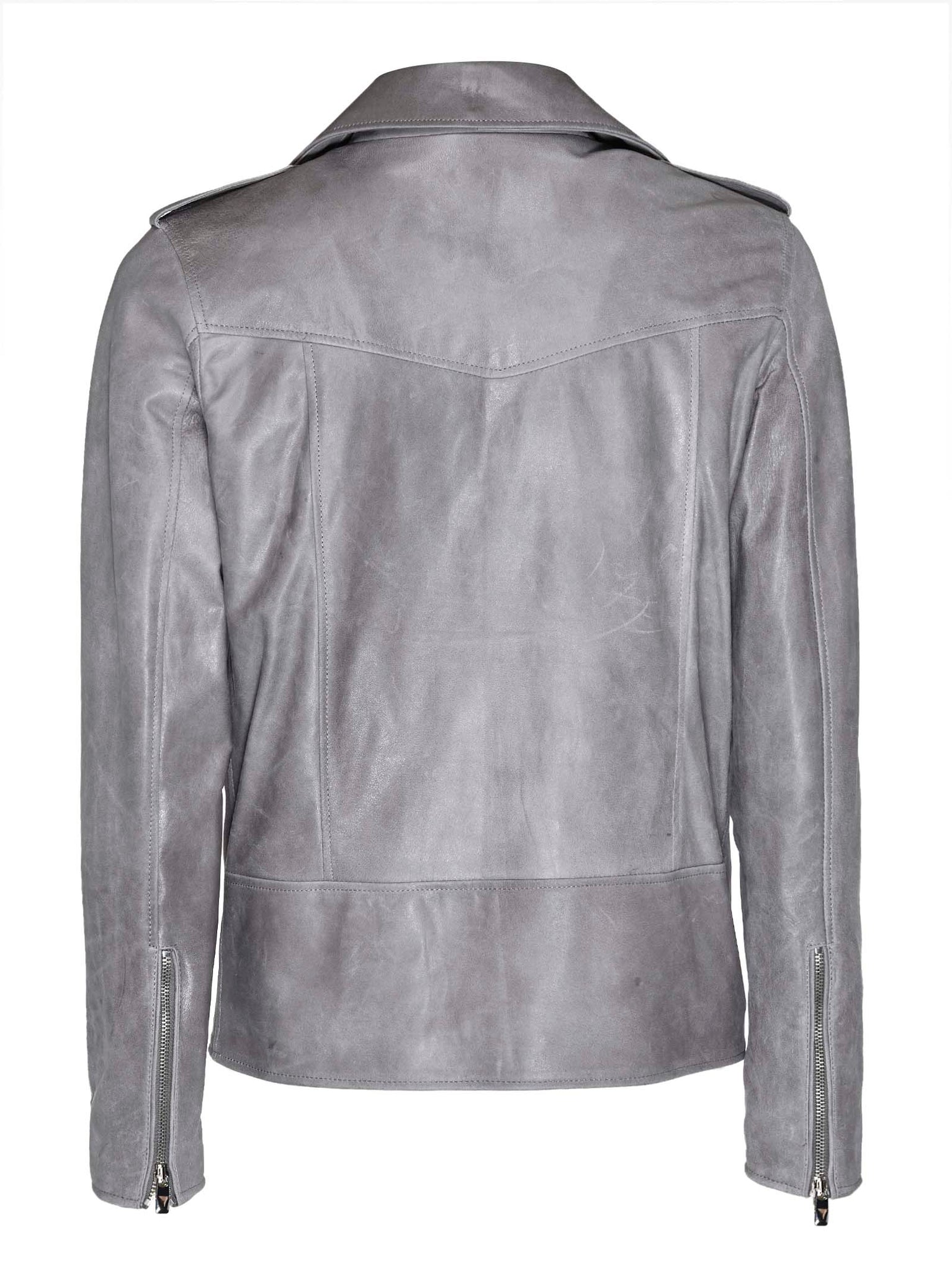 Giubbino biker grigio in pelle con multi tasche e mostrine sulle spalle / Grigio - Ideal Moda