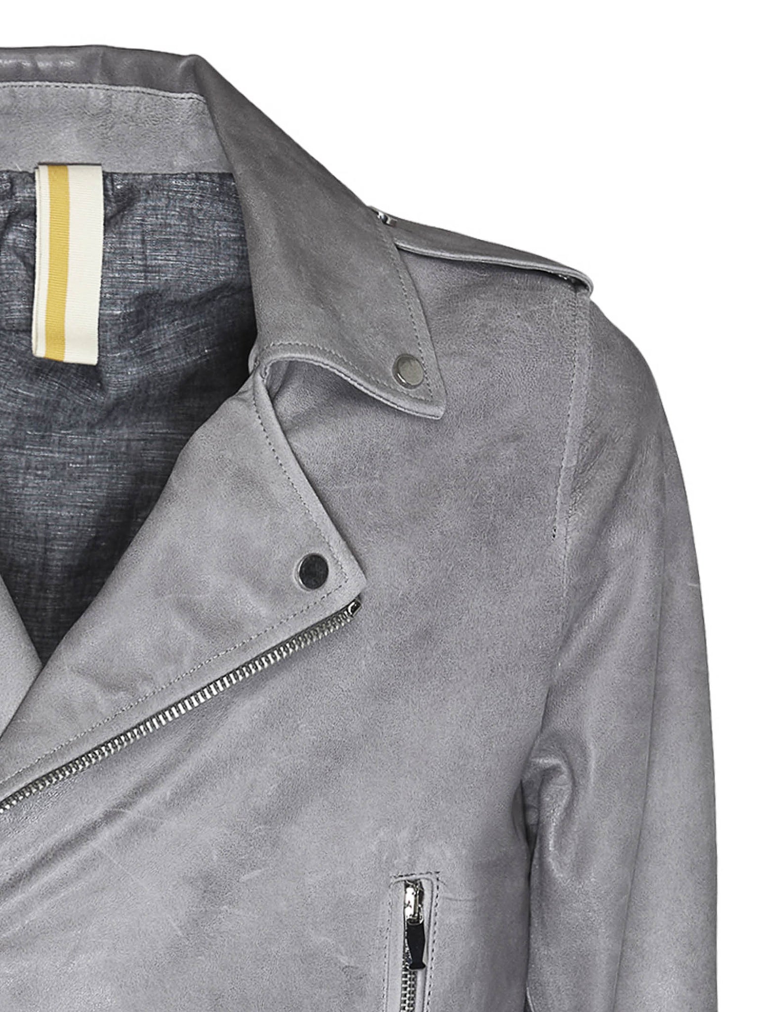 Giubbino biker grigio in pelle con multi tasche e mostrine sulle spalle / Grigio - Ideal Moda