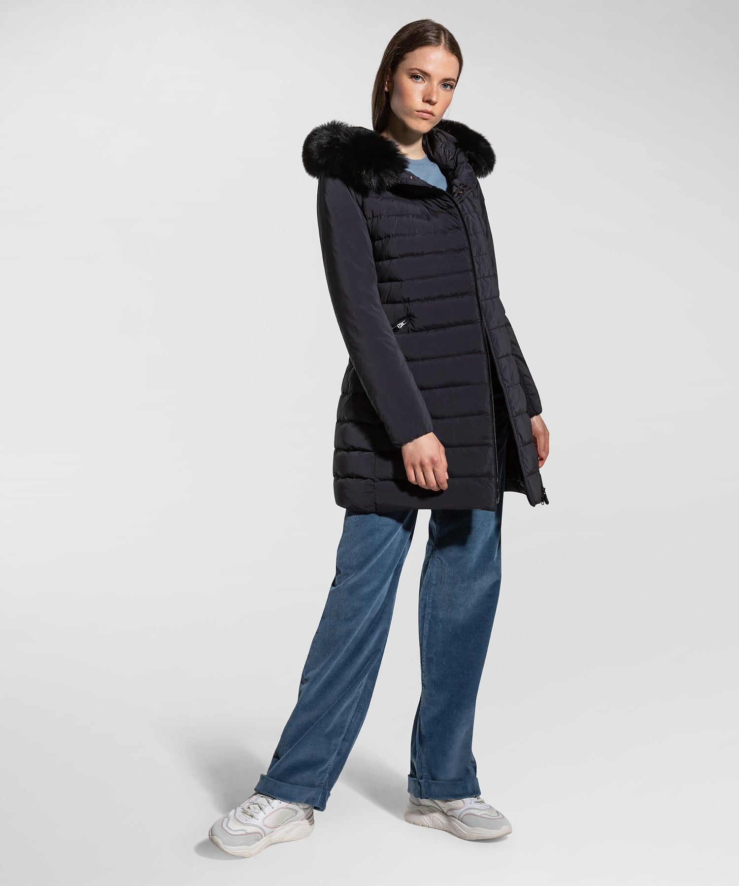 Piumino Slim con Pelliccia / Nero - Ideal Moda
