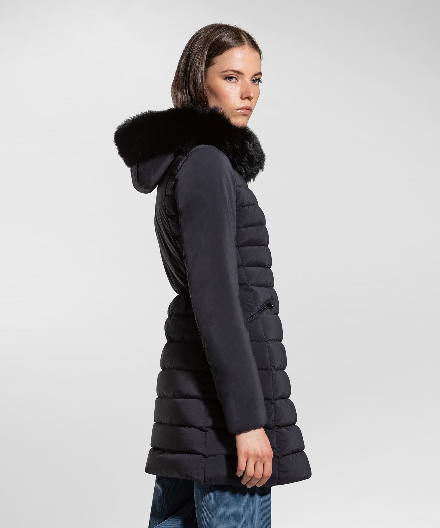 Piumino Slim con Pelliccia / Nero - Ideal Moda