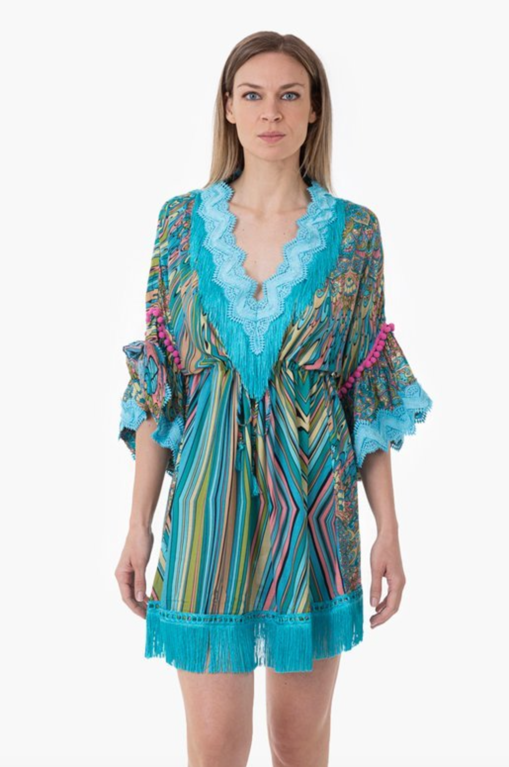 Caftano corto a fantasia con inserti in passamaneria e frange. / Multicolor - Ideal Moda