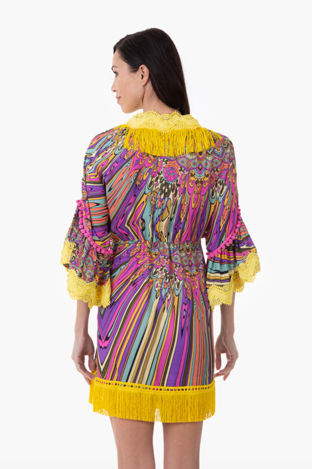 Caftano corto a fantasia con inserti in passamaneria e frange. / Multicolor - Ideal Moda