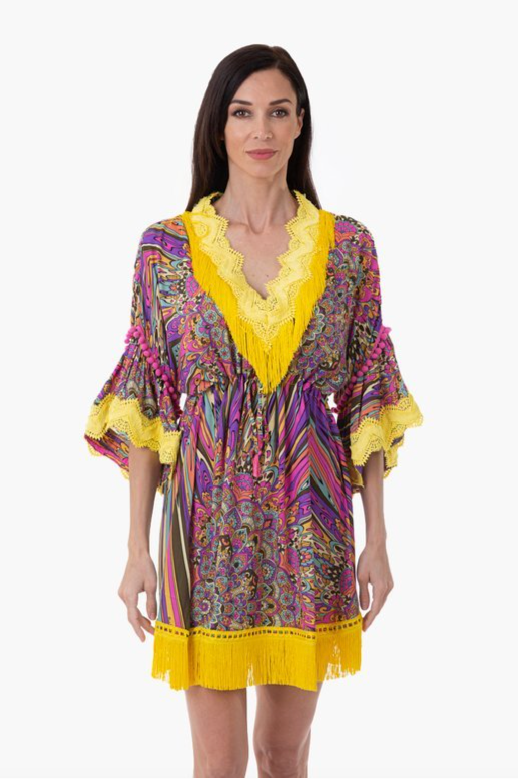 Caftano corto a fantasia con inserti in passamaneria e frange. / Multicolor - Ideal Moda
