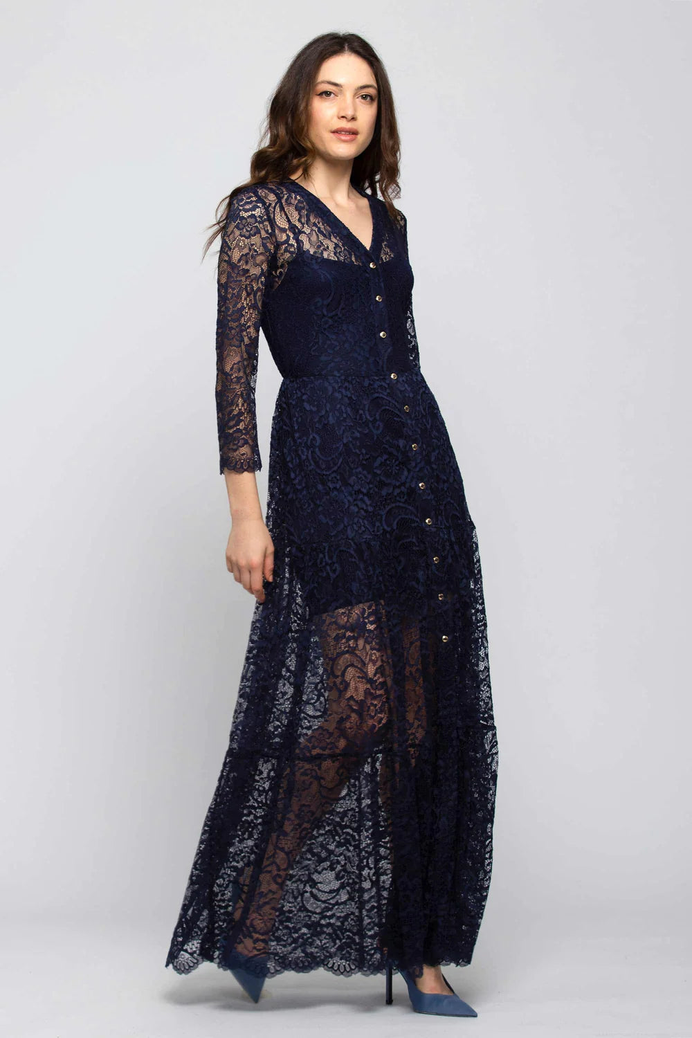 Abito Lungo in Pizzo Kocca / Blu - Ideal Moda