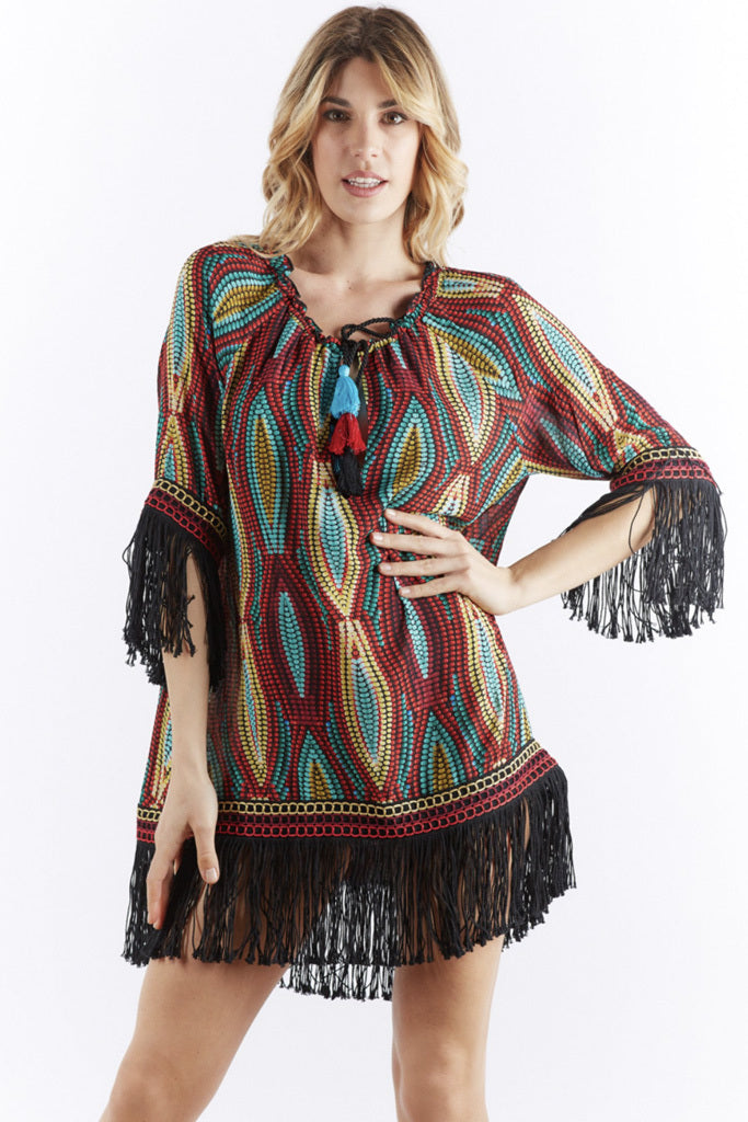 Caftano Stampa Kenia in Viscosa a Coste / Multicolor - Ideal Moda