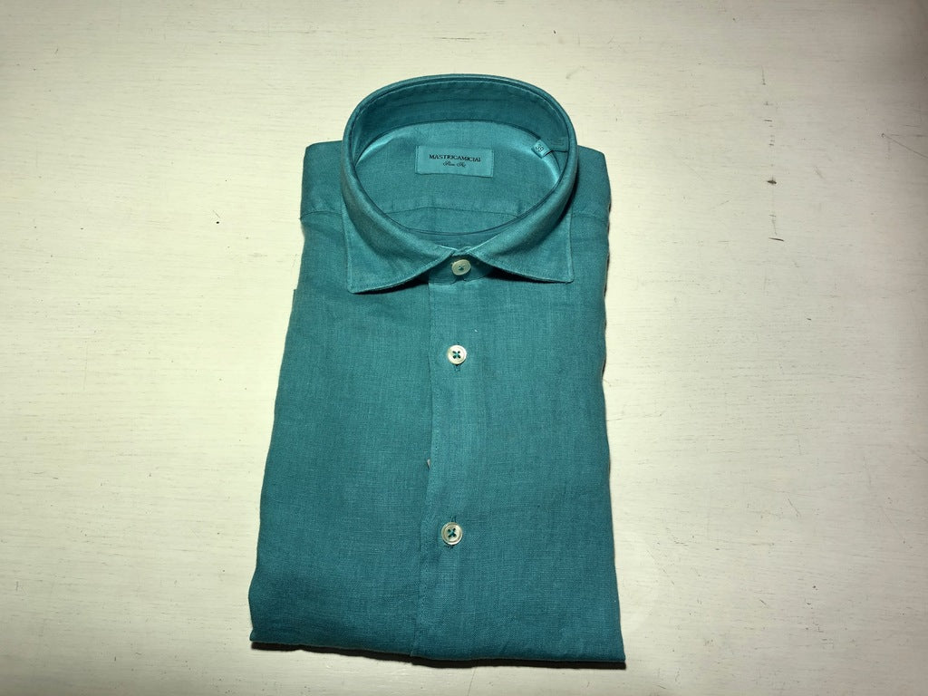 Camicia 100% lino Slim Fit / Turchese - Ideal Moda