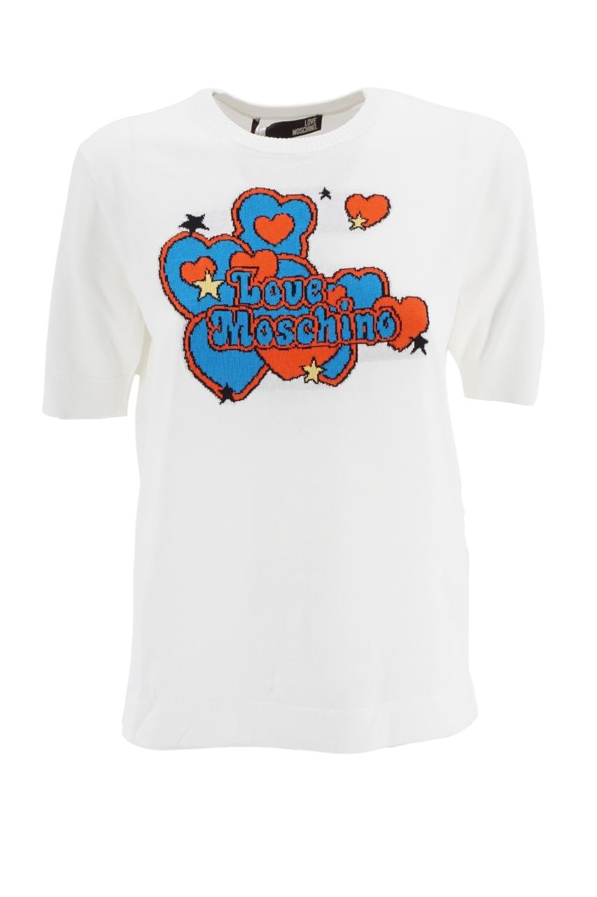 T-Shirt in Filo di Cotone con Stampa Love Moschino / Bianco - Ideal Moda