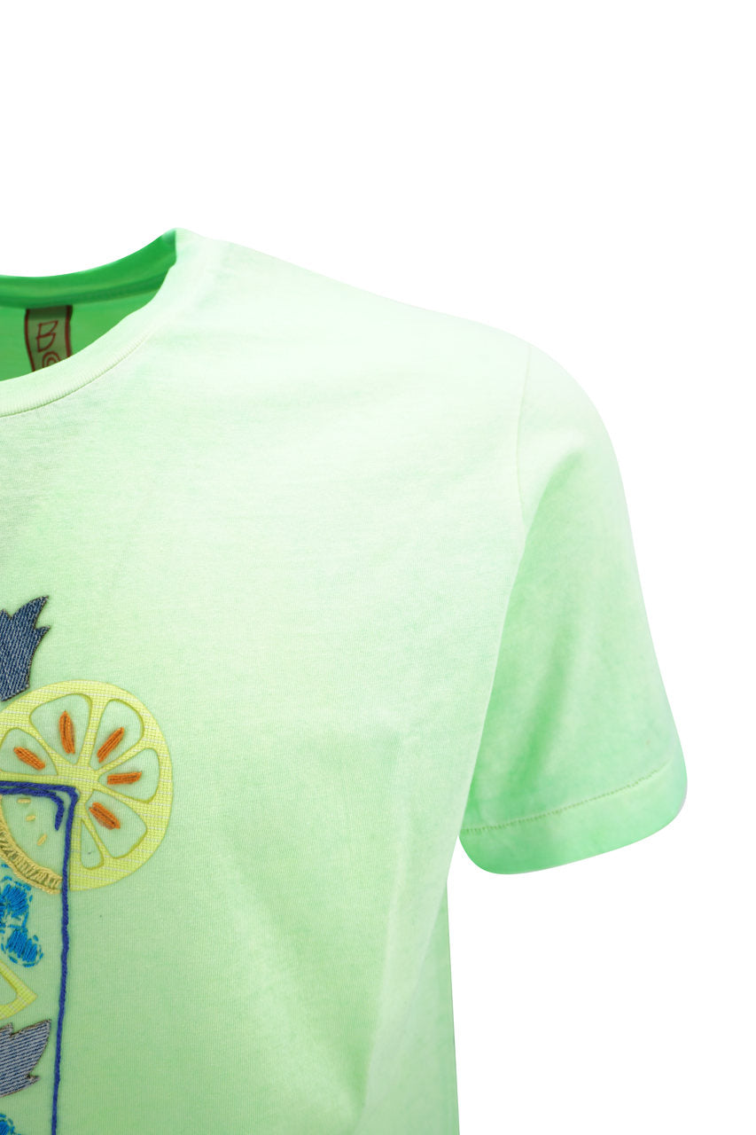 T-Shirt Girocollo con Ricamo / Verde - Ideal Moda