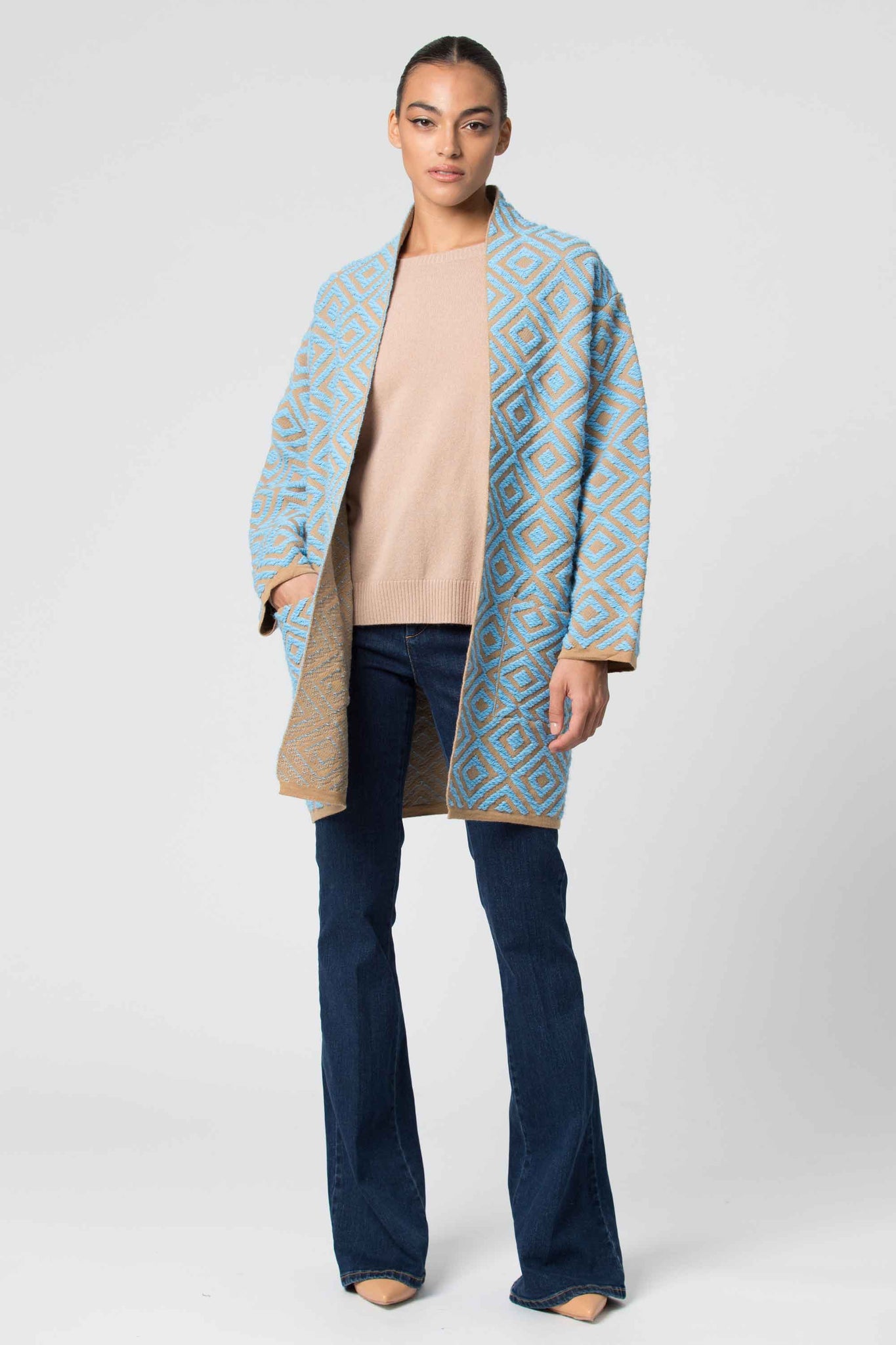 Cappotto con Fantasia Kocca / Azzurro - Ideal Moda