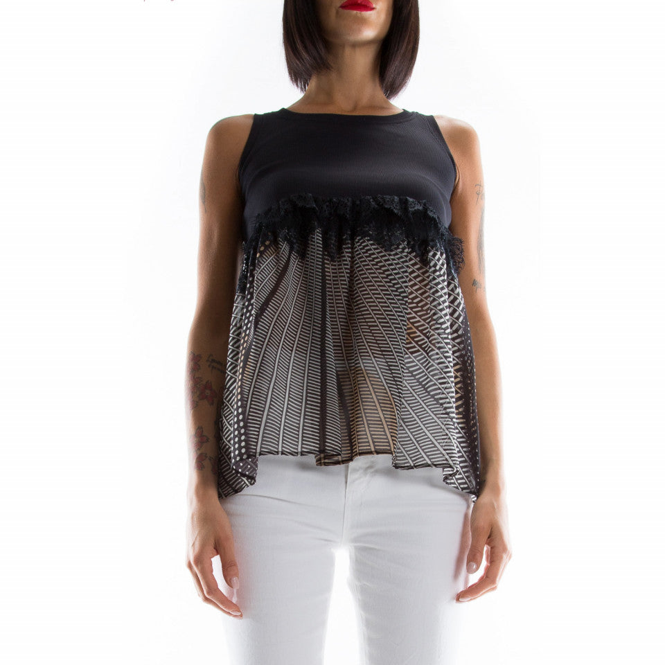 Top a costine con inserti / Nero - Ideal Moda
