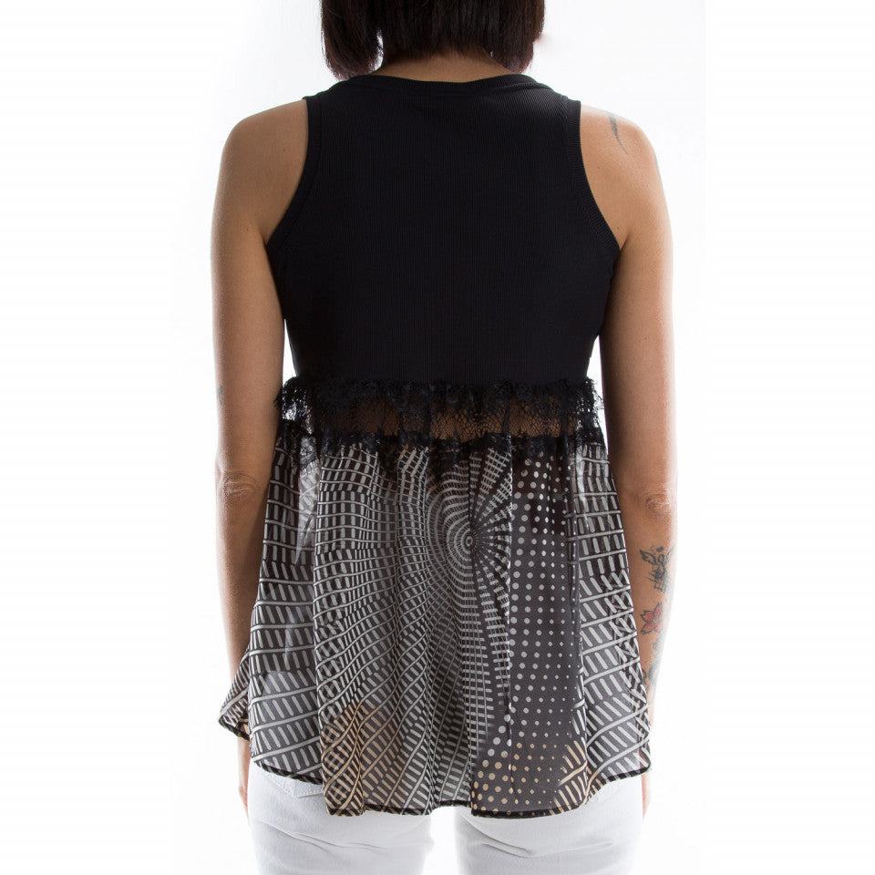 Top a costine con inserti / Nero - Ideal Moda