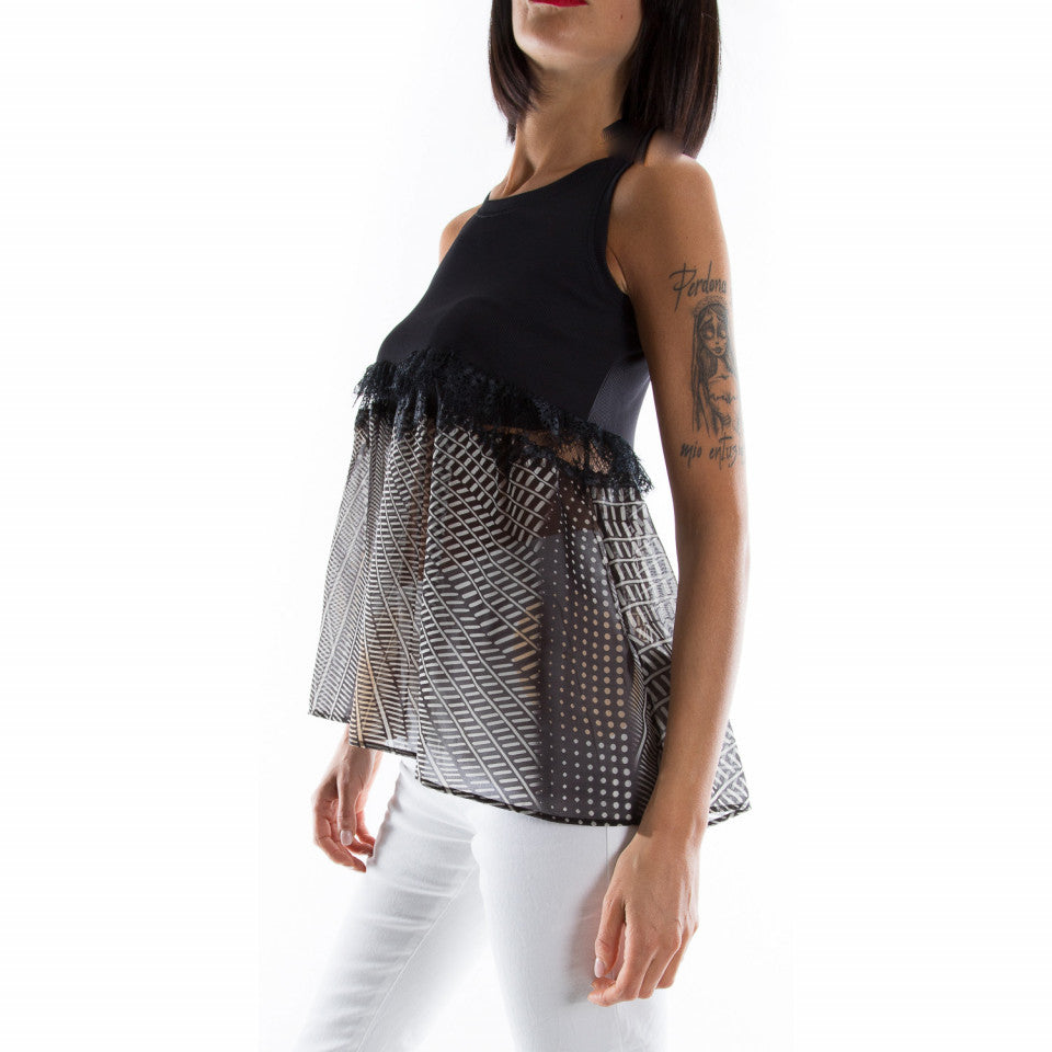 Top a costine con inserti / Nero - Ideal Moda